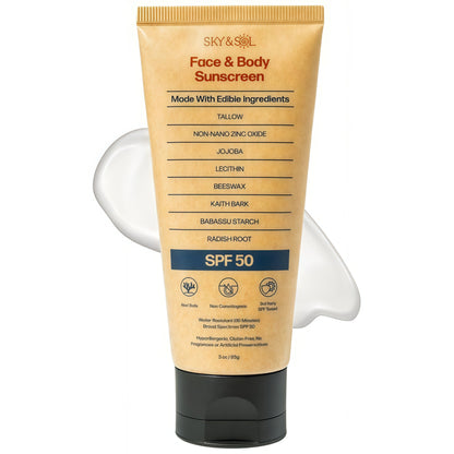 Sky and Sol Mineral Sunscreen SPF 50 With Grass-Fed Tallow & Zinc Oxide, Non-Greasy Formula for Face & Body, Made Without Reef-Harming UV Filters, 3 oz (85 g)